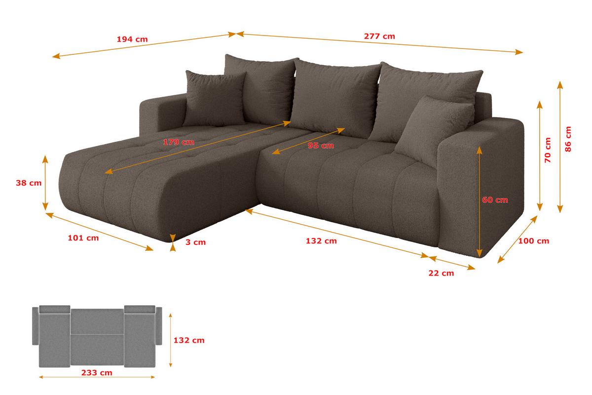 ECKSOFA mit Schlaffunktion Ottomane Links MILA-L 277x194x86 Braun Bouclé - Schwarz/Braun, Holzwerkstoff/Kunststoff (277/194cm) - ALTDECOR