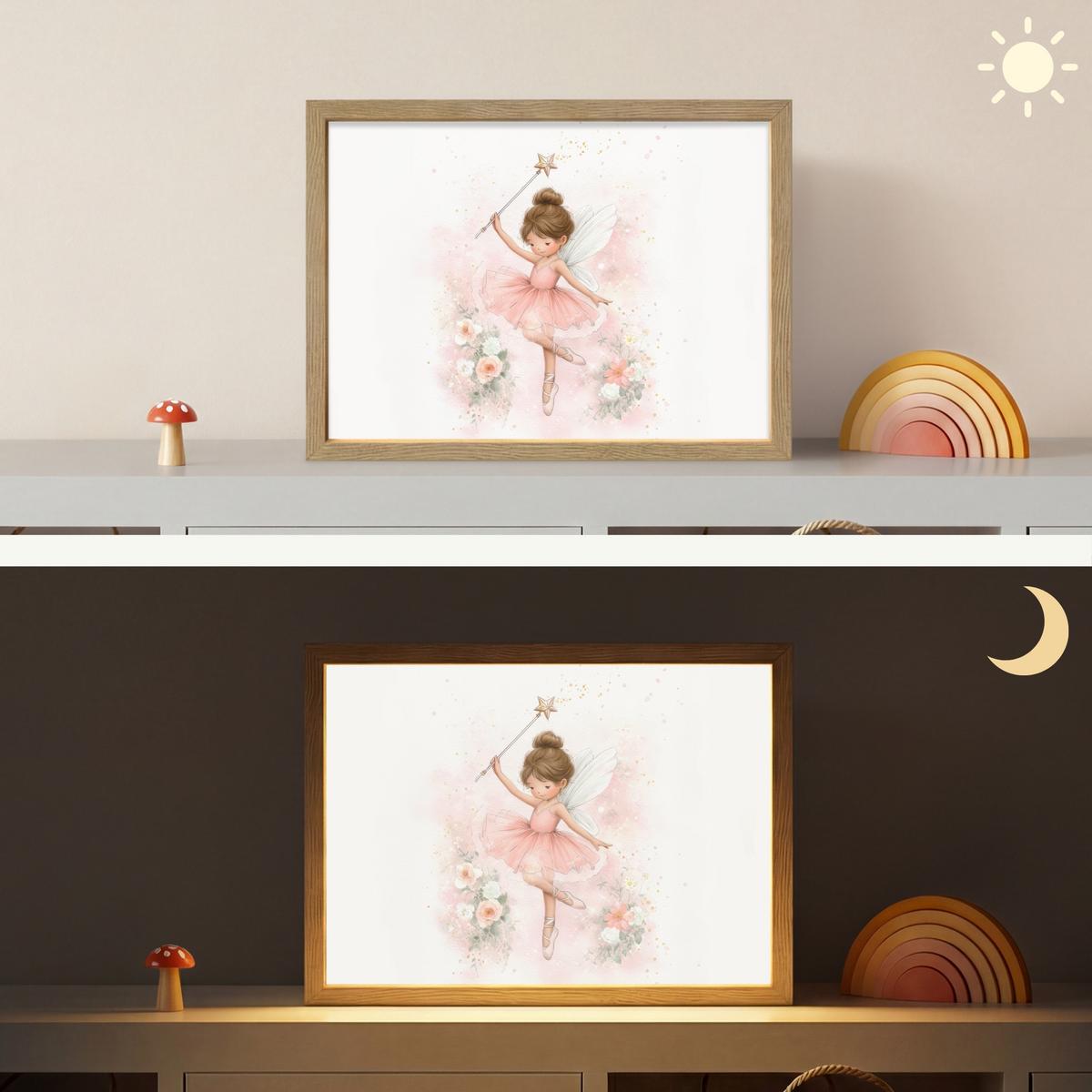 WANDLEUCHTE MIT AKKU Ballerina - Fee - Blumen - Rosa 40x30 cm - Rosa, Holzwerkstoff (40/30/8cm) - OnlyWow