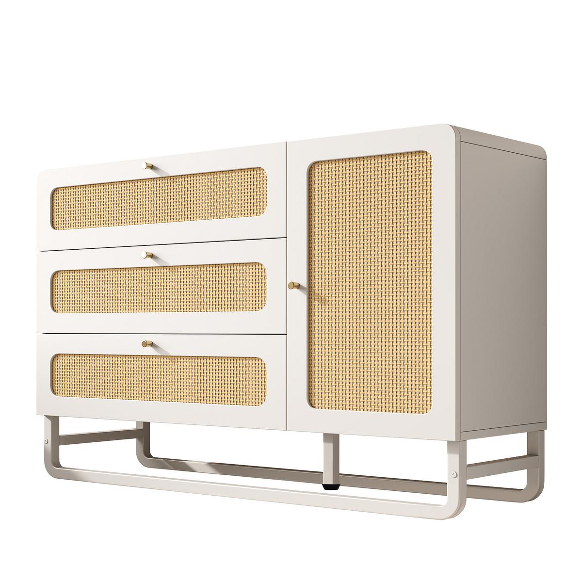 KOMMODE 120 cm in Weiß & Rattan-Optik Sideboard mit 3 Schubladen - Weiß, Holzwerkstoff/Metall (120/85/40cm) - Urban Meuble