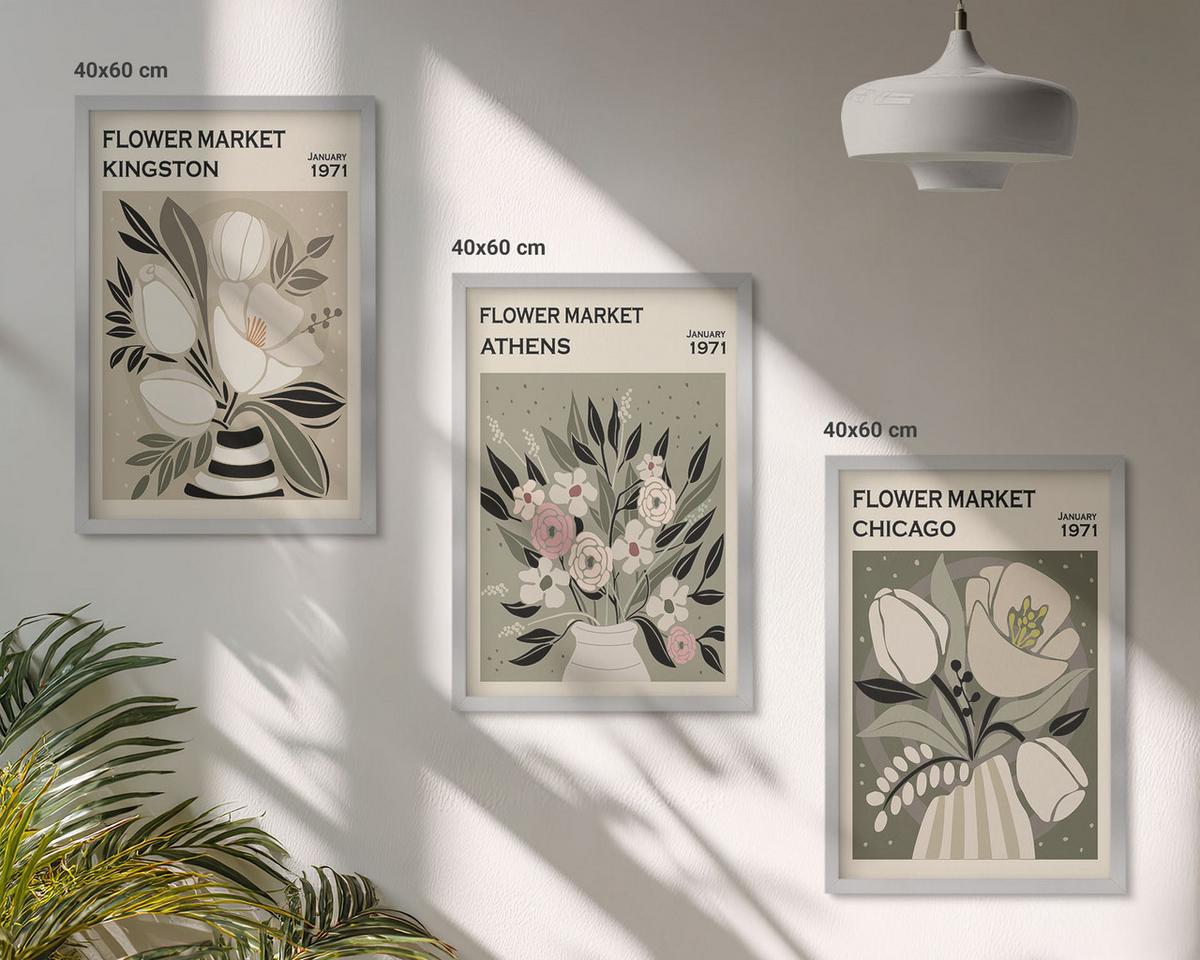 BILDER SET 3er Set - 40x60 cm Silberner Rahmen - Retro-Blumenarrangements - Silberfarben, Kunststoff (40/60cm) - TULUP