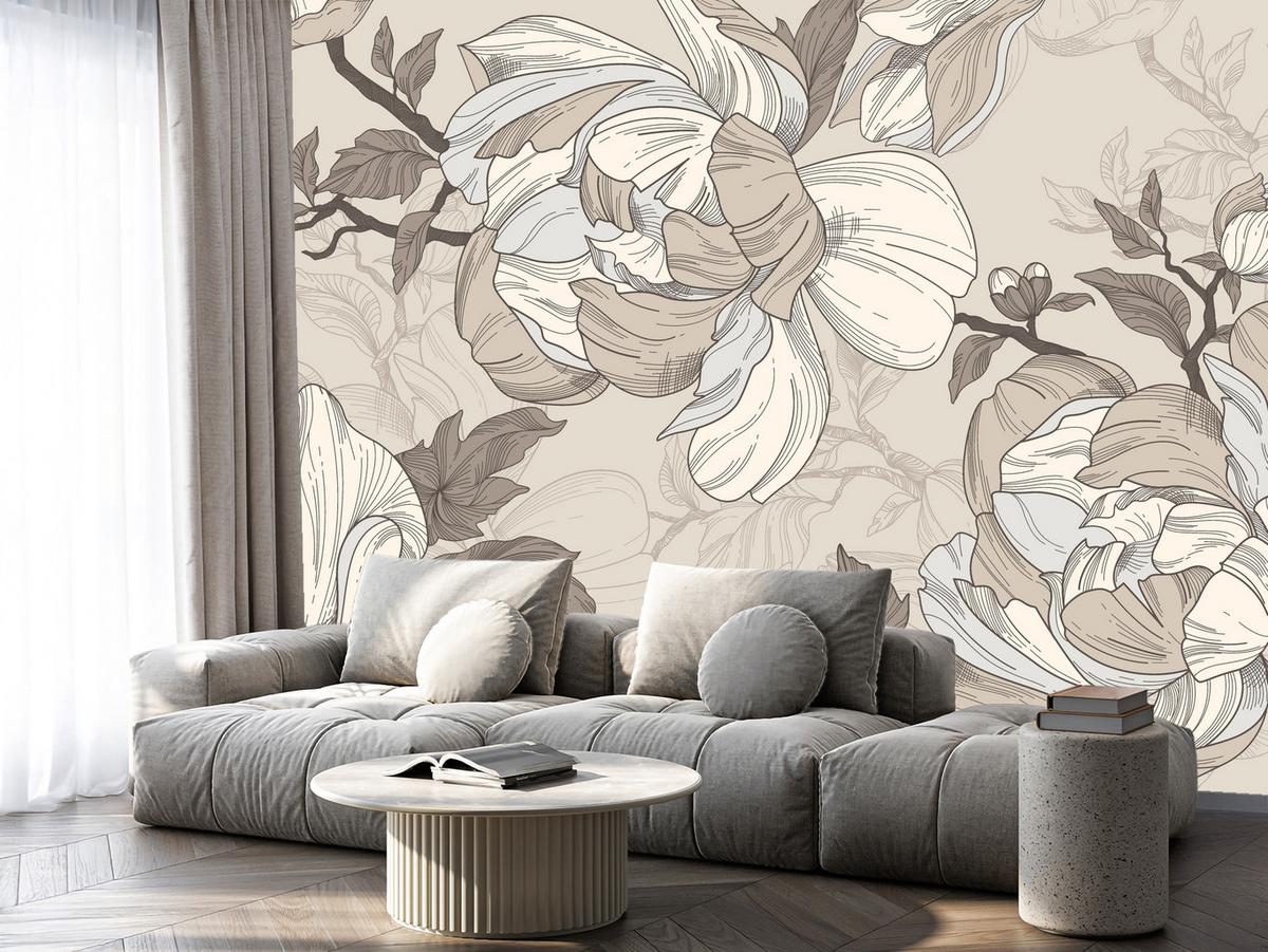 FOTOTAPETE für Wohnzimmer Natur Große Blüten Blätter Pflanzen 100x70 - Beige/Creme, Papier (100/70cm) - Muralo