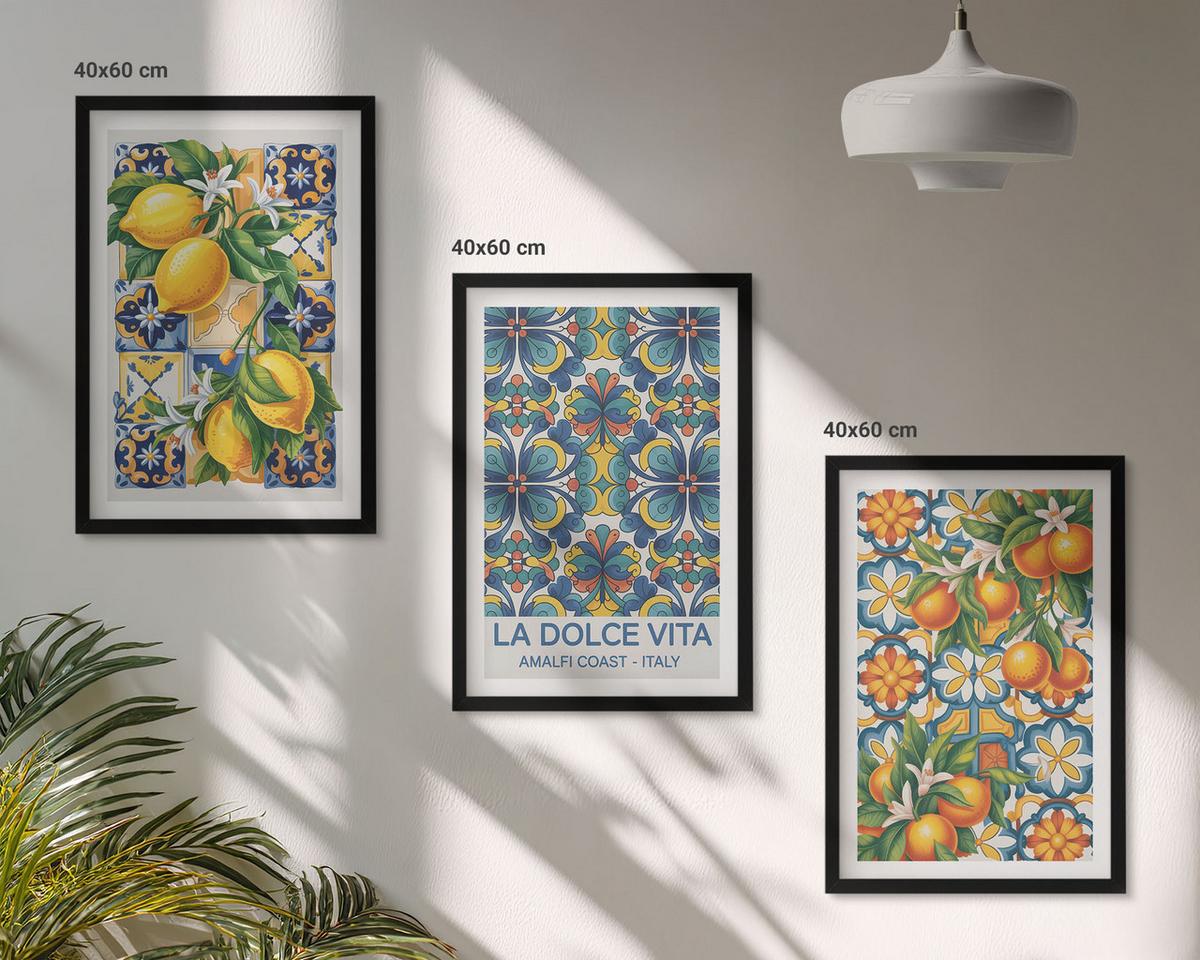 BILDER SET 3er Set - 40x60 cm Schwarzer Rahmen - Zitronen-Orangenblütenmuster - Schwarz, Kunststoff (40/60cm) - TULUP