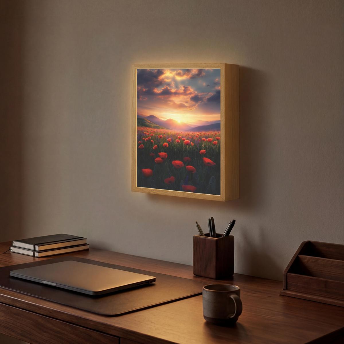 WANDLEUCHTE MIT AKKU Landschaft - Sonnenuntergang - Blumenfeld 30x40 cm - Rot, Holzwerkstoff (30/40/8cm) - OnlyWow