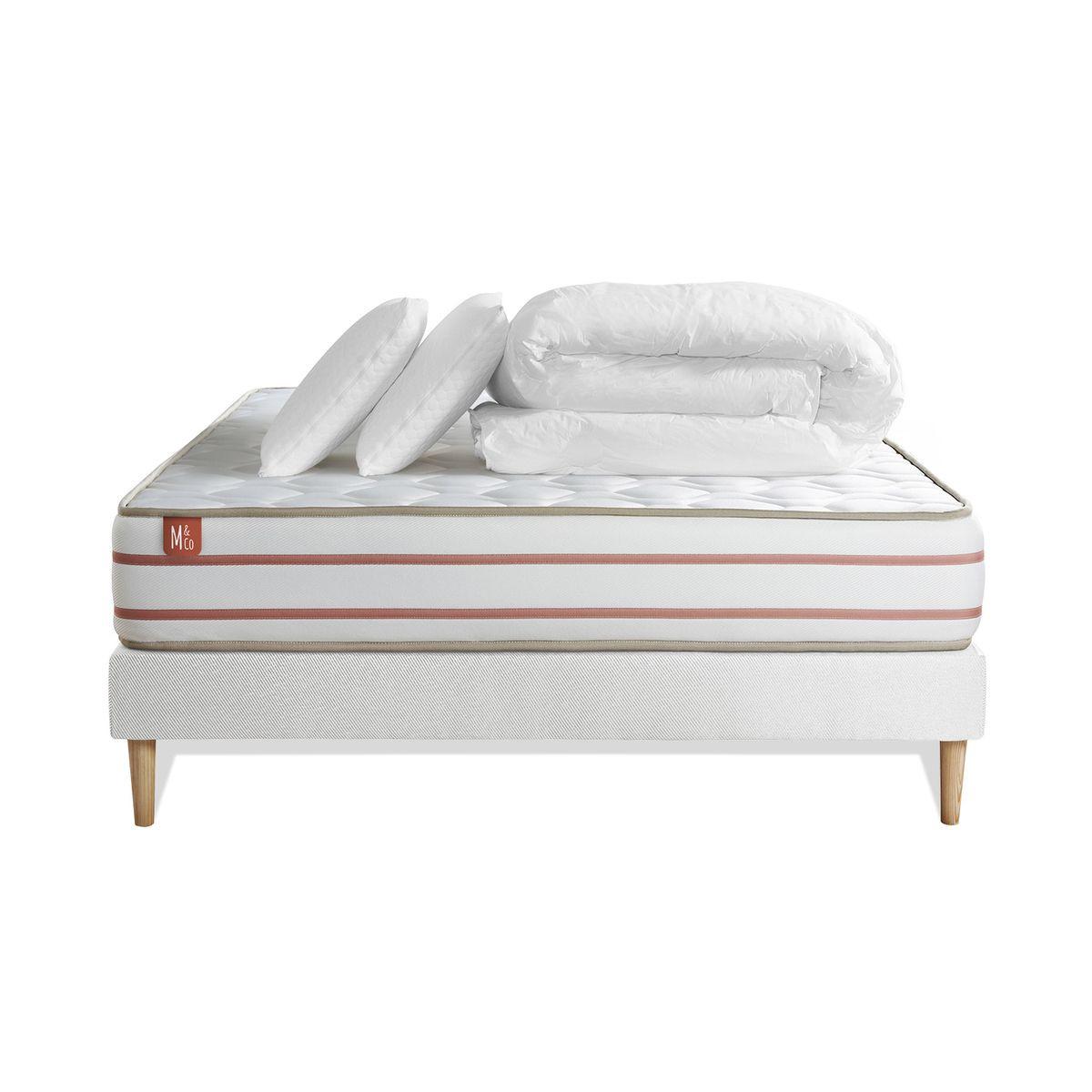 BETT Le Doux Memory-Schaum 160 x 200 cm h4 - Kit Bettgestell Weiß - Mit Kissen und Bettdecke - Beige/Weiß, Karton/Holz (160/200cm) - Marmottes & Co