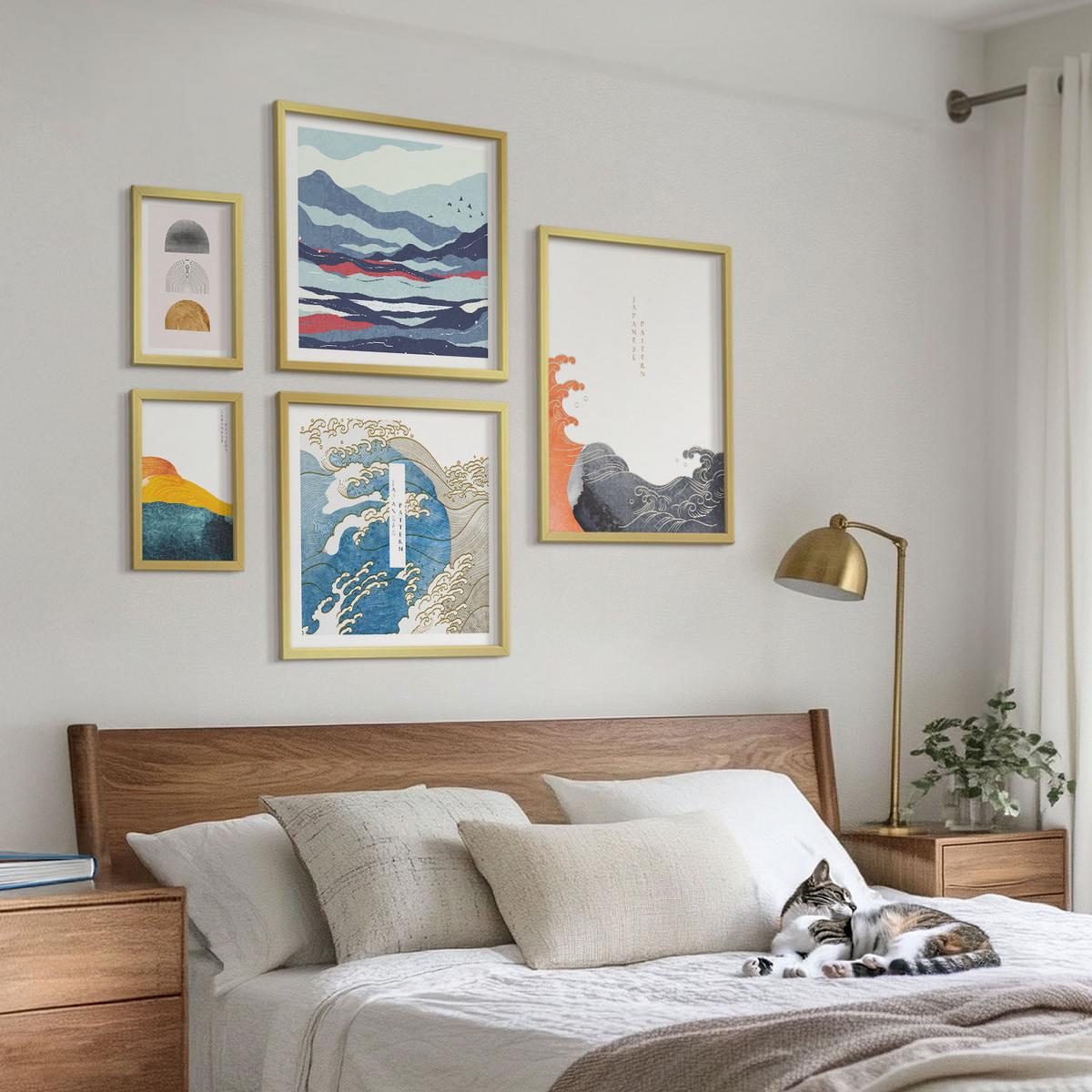 BILDER SET 5er Set - 50x50 cm & 20x30 cm & 40x60 cm Goldrahmen - Stilvolle moderne Blumen - Goldfarben, Kunststoff (40/60cm) - TULUP