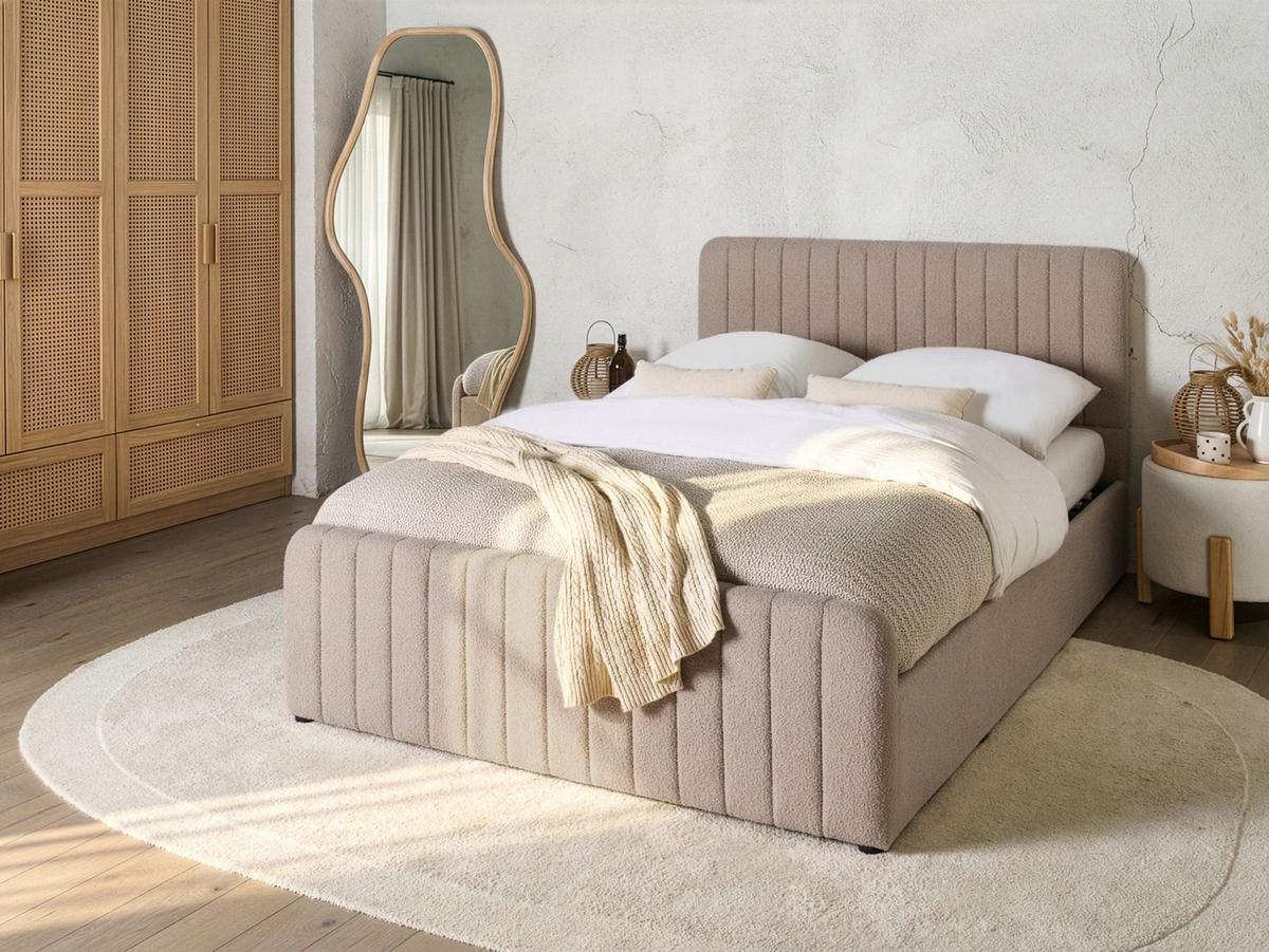 BETT mit Stauraum 140/200 Bouclé Beige Lunan - Beige/Schwarz, Textil (140/200cm) - Beliani