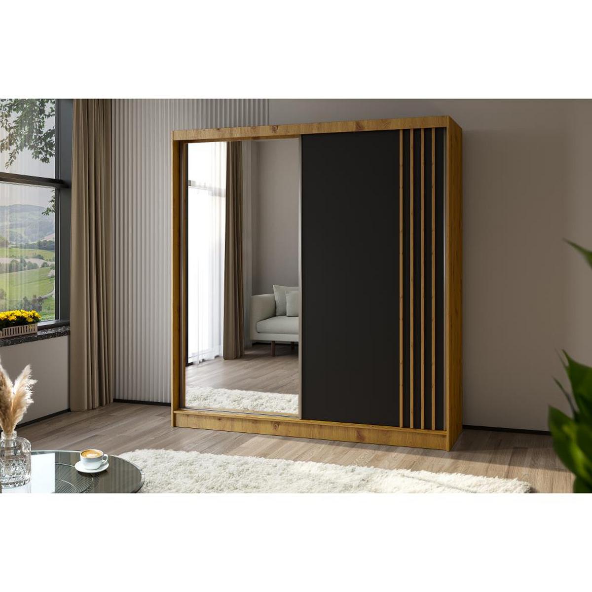 SCHWEBETÜRENSCHRANK Nela II 200/216/61 eiche artisan mit Schubladen - Schwarz/Eiche Artisan, Holzwerkstoff (200/216/61cm) - Beautysofa