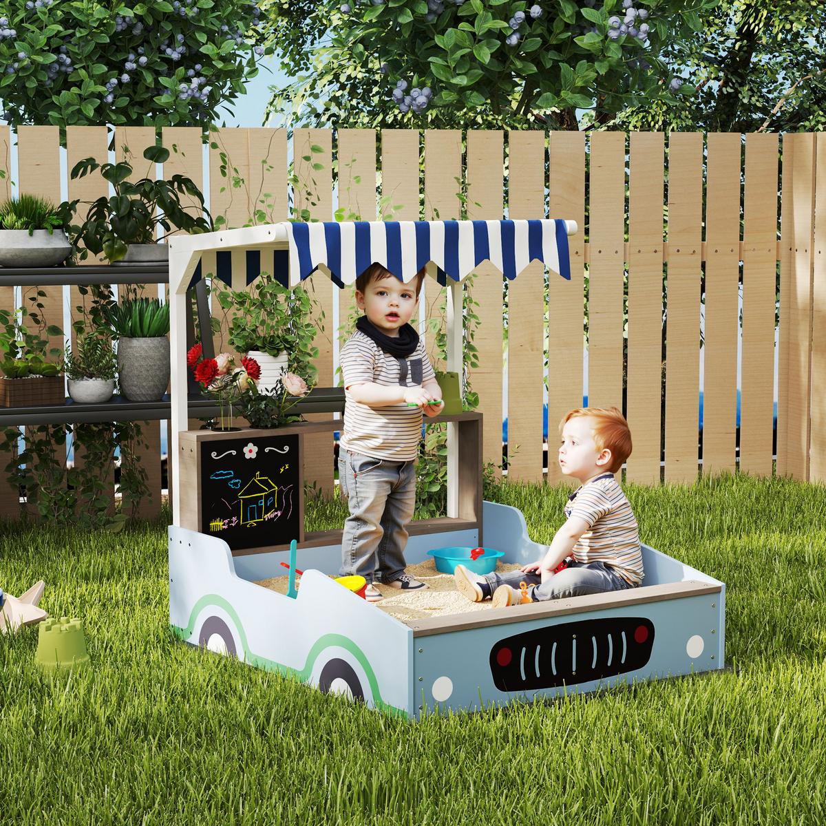 SANDKASTEN mit Dach, 90 x 108 cm Sandkiste aus Holz Sandbox mit Sitzbank Blau - Blau, Holz (108/90/104cm) - AIYAPLAY