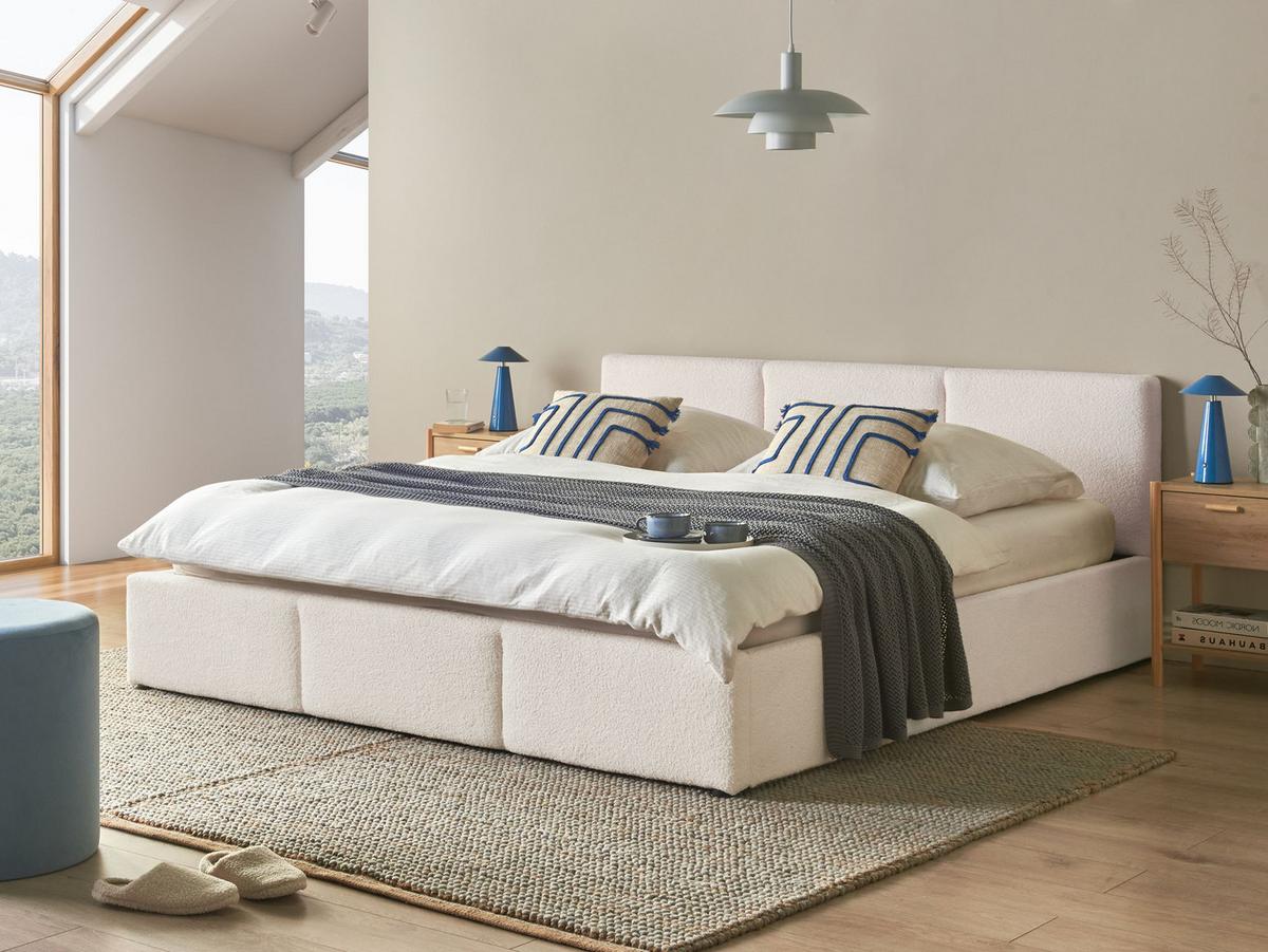 BETT mit Stauraum 180/200 cm Bouclé Cremeweiß Bousse - Creme, Textil (180/200cm) - Beliani