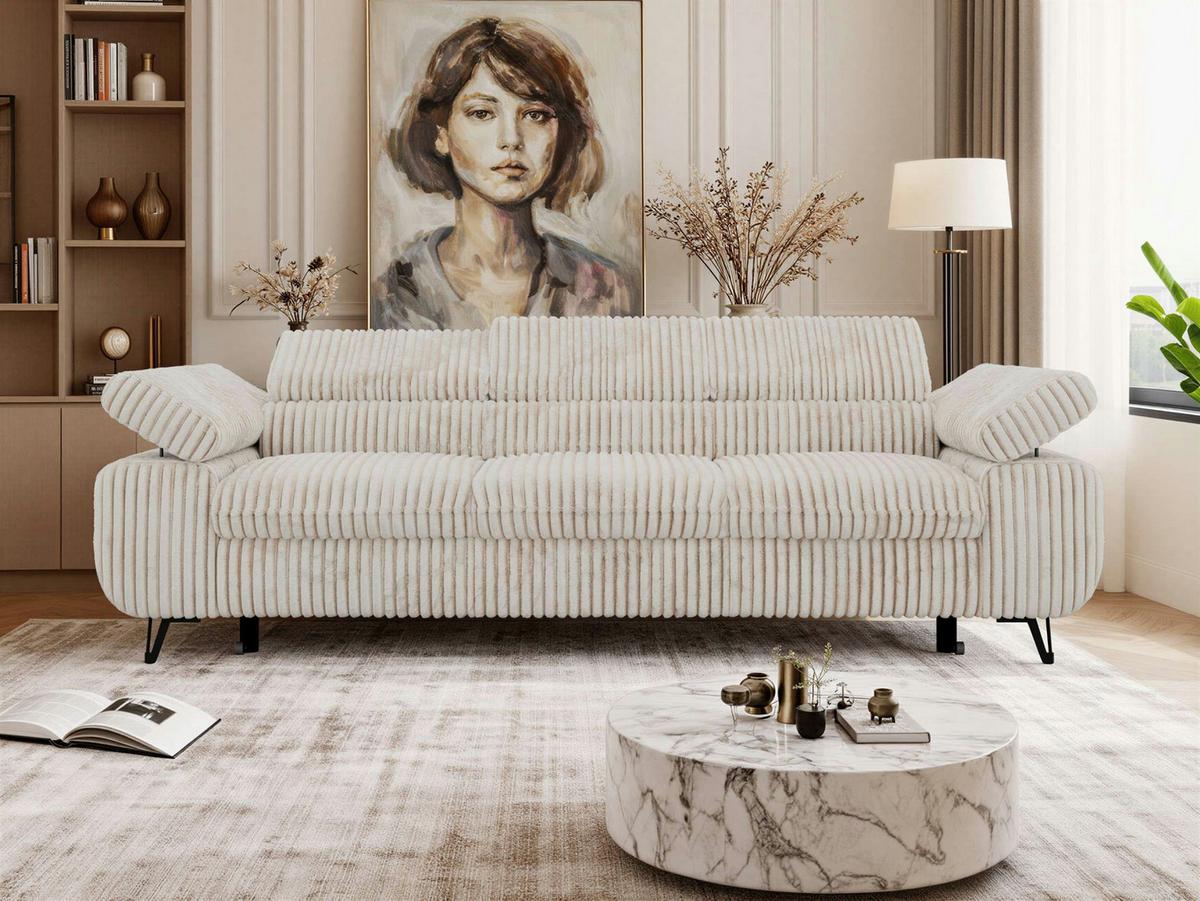 3-SITZER SOFA PETER mit Schlaffunktion - Beige Cord - Beige/Creme, Textil/Metall (262/76/99cm) - MKS