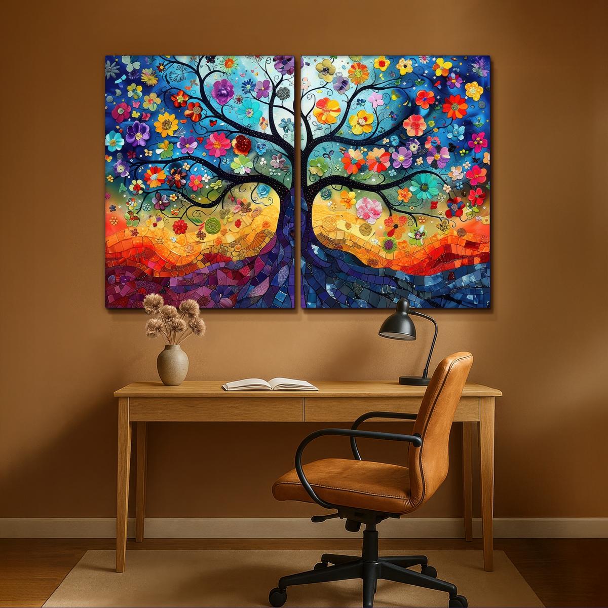 LEINWANDBILD 2er Set Bunt - Baum des Lebens - Blumen - Abstrakt 180x120 cm - Blau, Textil (180/120cm) - MuchoWow