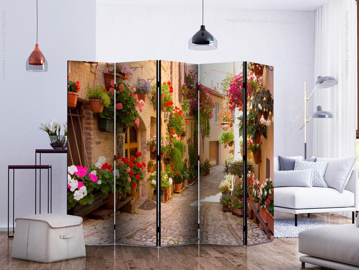 PARAVENT Einseitig Bedruckter 5-tlg 225x172 cm Italienische Gasse Blumen - Multicolor, Holz/Textil (225/172/3cm) - Muralo