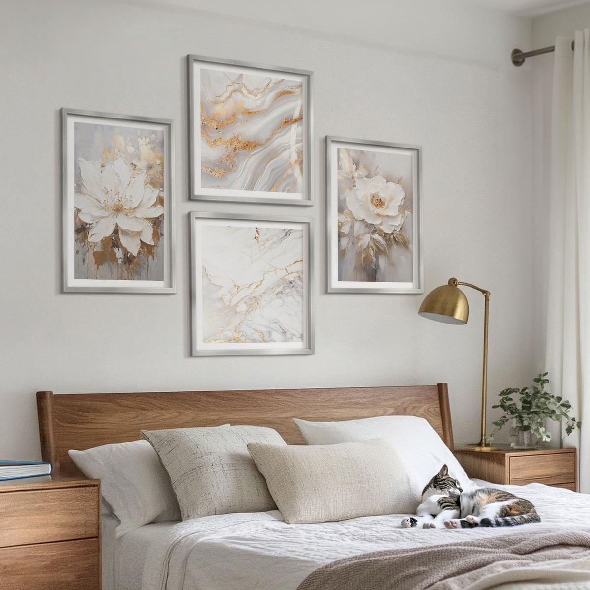 BILDER SET 4er Set - 50x50 cm & 40x60 cm Silberner Rahmen - Abstrakte Blumen aus Marmor - Silberfarben, Kunststoff (50/50cm) - TULUP