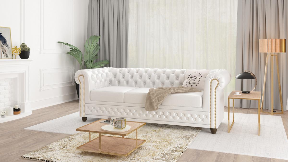 CHESTERFIELD-SOFA 3-sitzer mit Schlaffunktion Morin Weiß vegan Leder - Weiß/Braun, Holz/Textil (203/72/86cm) - S-Style Möbel