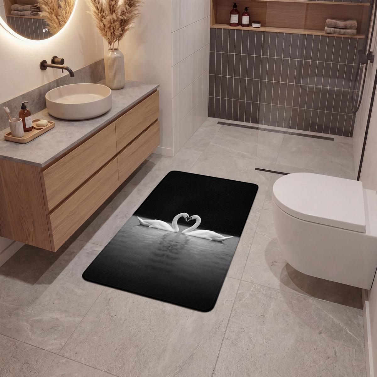 BADEMATTE Schwäne - Herz - Schwarz - Weiß 60x90 cm - Schwarz, Textil (60/90cm) - OnlyWow