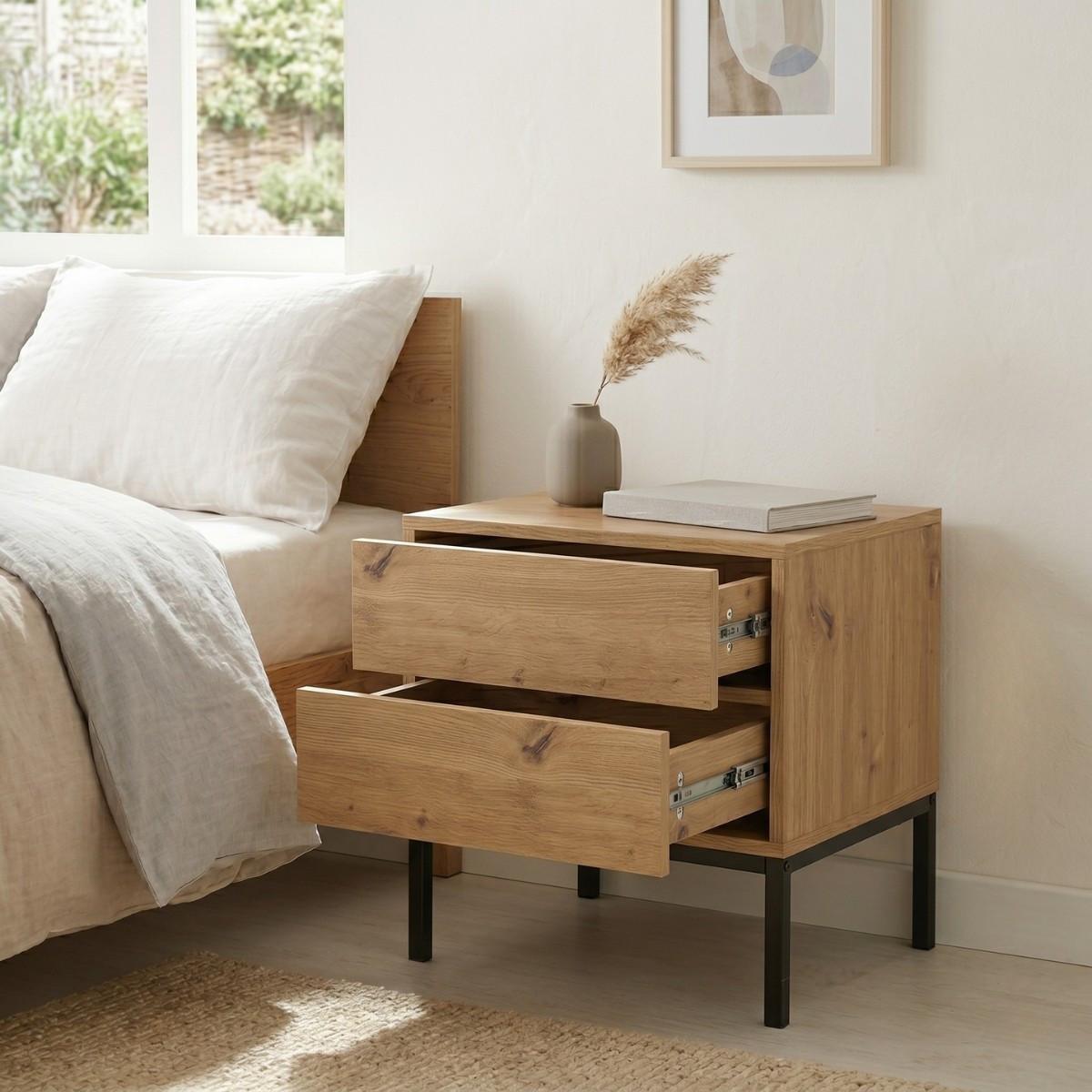 NACHTTISCH mit 2 Schubladen Holzdekor 45/40/50 cm - Eichefarben, Holzwerkstoff (40/50/45cm) - Calicosy