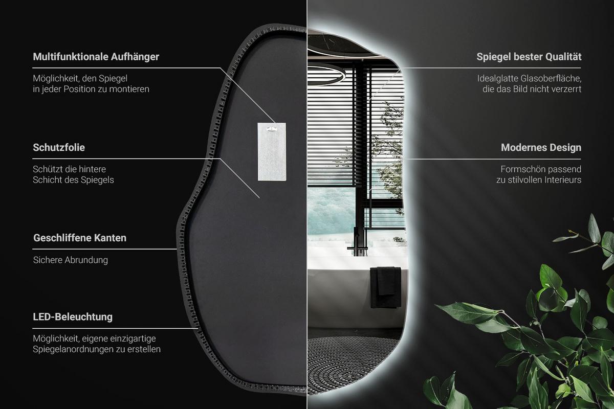 LED-SPIEGEL 80x52 cm Asymmetrisch Kaltweiß 6000K - Transparent, Glas (52/80/0.4cm) - Wallfluent