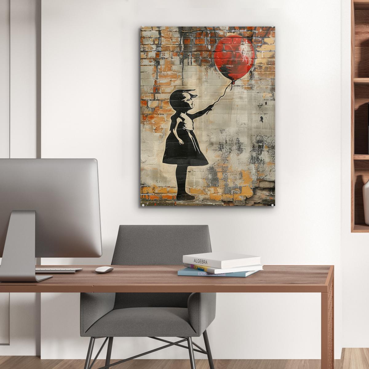ACRYLGLASBILD Graffiti - Banksy - Mädchen - Straßenkunst 60x80 cm - Sandfarben, Glas (60/80cm) - MuchoWow