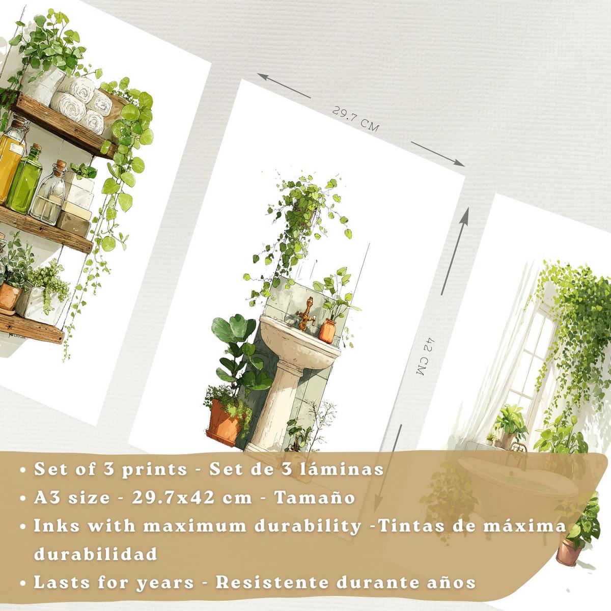 POSTER 3er-Set dekorative Badezimmerbilder, Wanddeko, im botanischen Stil, für Toilette, grüne Pflanzen Schwarzer Rahmen A3 - Schwarz, Papier (42/29.7/3cm) - Nacnic