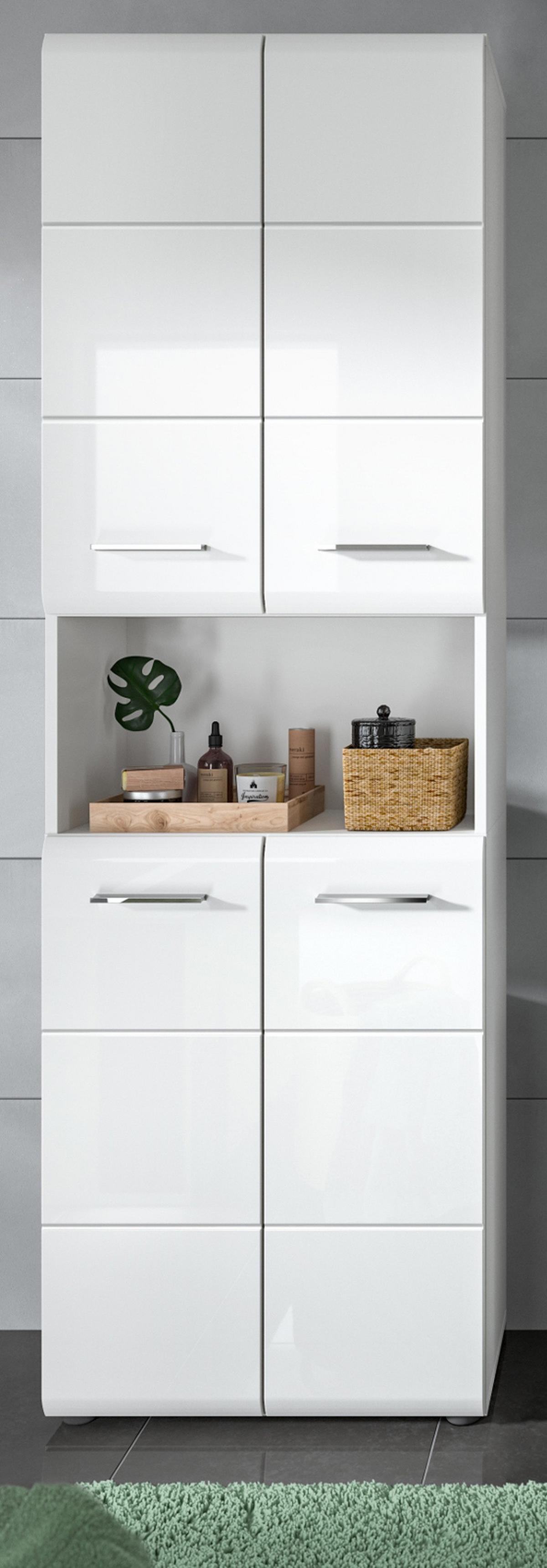 HOCHSCHRANK weiß Hochglanz, 4-türiger Badschrank 60 x 185 cm mit viel Stauraum - Weiß Hochglanz/Silberfarben, Holzwerkstoff/Kunststoff (60/185/30cm) - Inn.Furn