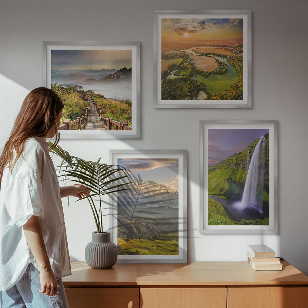 BILDER SET 4er Set - 50x50 cm & 40x60 cm Silberner Rahmen - Ausblicke auf Berge, Flüsse und Wasserfälle - Silberfarben, Kunststoff (50/50cm) - TULUP