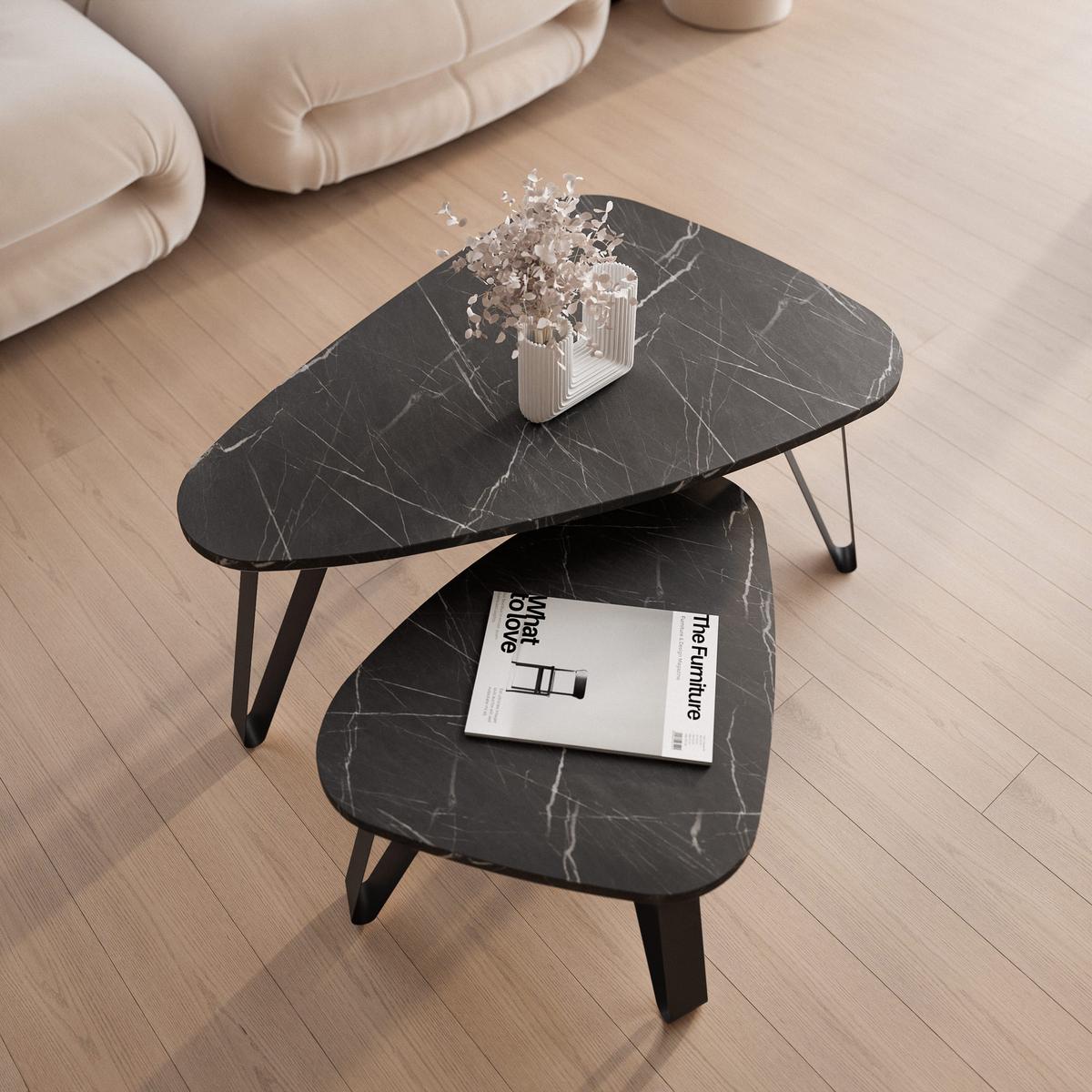 SATZTISCH NOA Stahlgestell, Freiform, Schwarz / Grigia Pietra - Schwarz/Grau, Holzwerkstoff/Metall (94/60/42cm) - Idohome