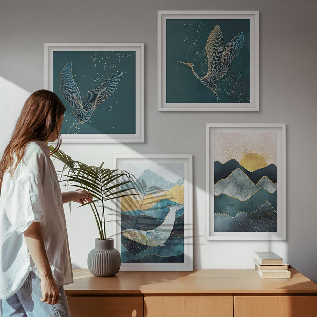 BILDER SET 4er Set - 50x50 cm & 40x60 cm Weißer Rahmen - Abstrakte Kranichberge - Weiß, Kunststoff (50/50cm) - TULUP