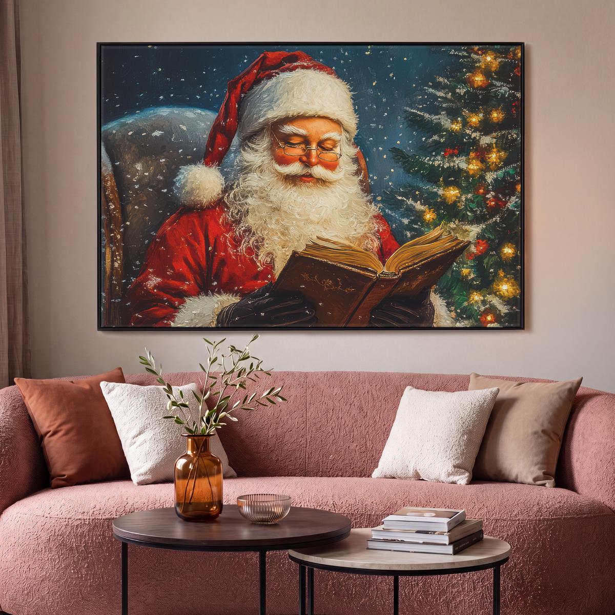 LEINWAND Bilder mit Rahmen - Weihnachtsmann - Weihnachten - Winter - Weihnachtsbaum - 150x100 - Bordeaux, Textil (150/100cm) - MuchoWow