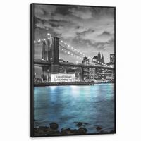 LEINWAND Bilder mit Rahmen - New York - Skyline - Stadt - Blau - 100x150 - Blaugrau, Textil (100/150cm) - MuchoWow