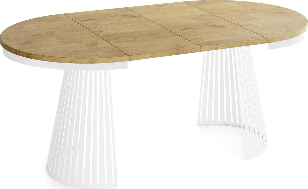 ESSTISCH Naro rund ausziehbar mit Weißem Lamellen-Metallgestell, Braun 100-180/100/76 cm - Eichefarben/Weiß, Holzwerkstoff/Metall (100/176/76cm) - WFL GROUP