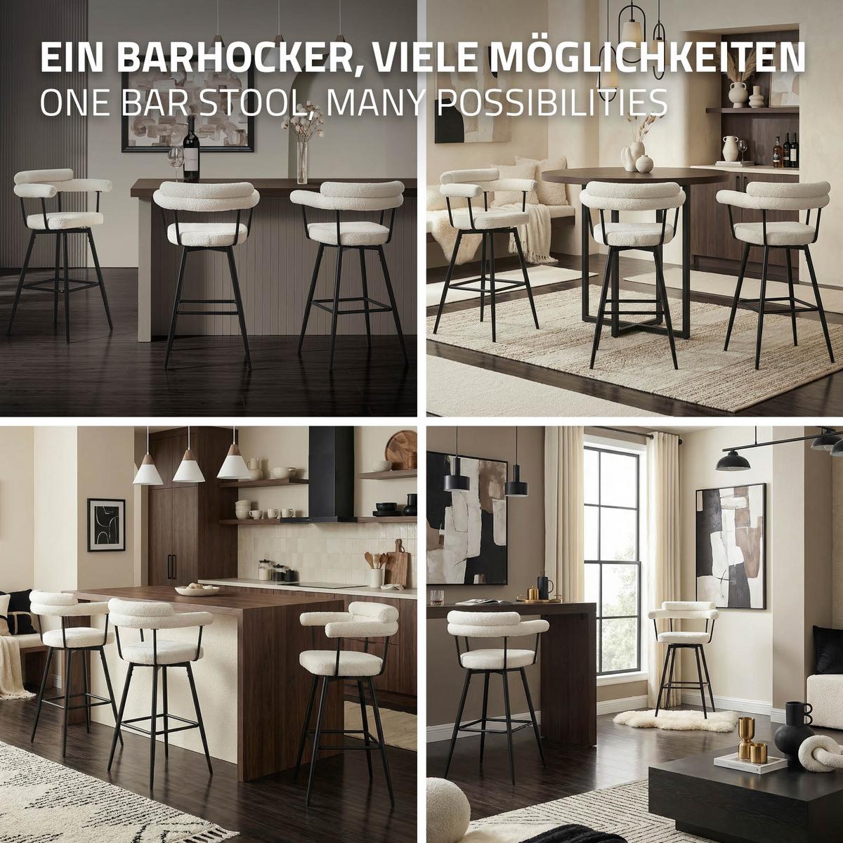BARHOCKER 4er Set drehbar Beige mit Teddy-Stoff 76 cm hoch - Beige/Schwarz, Textil/Metall (61/103/55cm) - ML-DESIGN