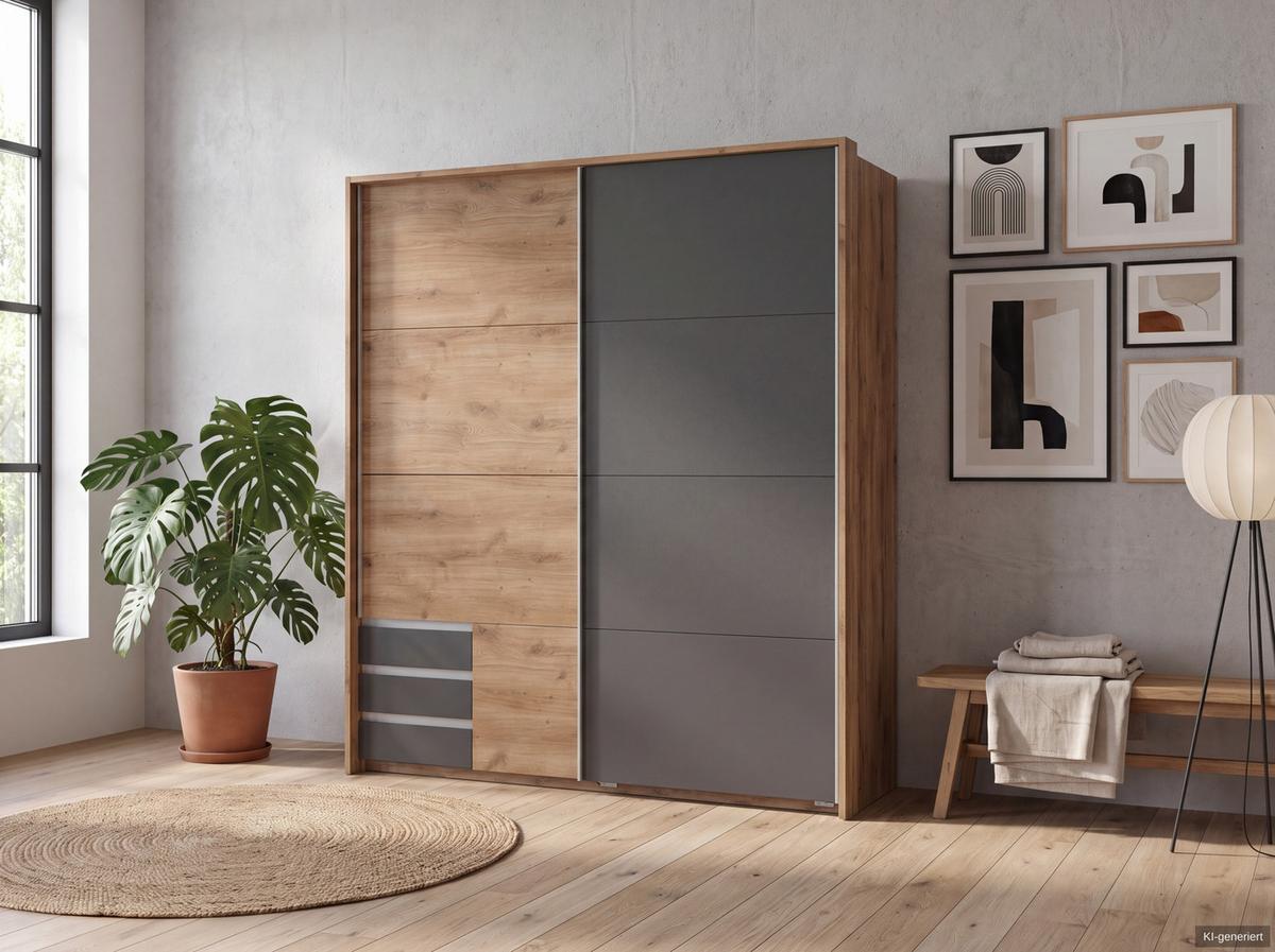 SCHWEBETÜRENSCHRANK 2-türig B183/H200/T65 cm, Passepartout-Kleiderschrank in Eiche Dekor, 1x Tür & sichtbare Schubkästen in Grafit / 22699 - Eichefarben/Graphitfarben, Holz/Holzwerkstoff (183/200/65cm) - luma-home