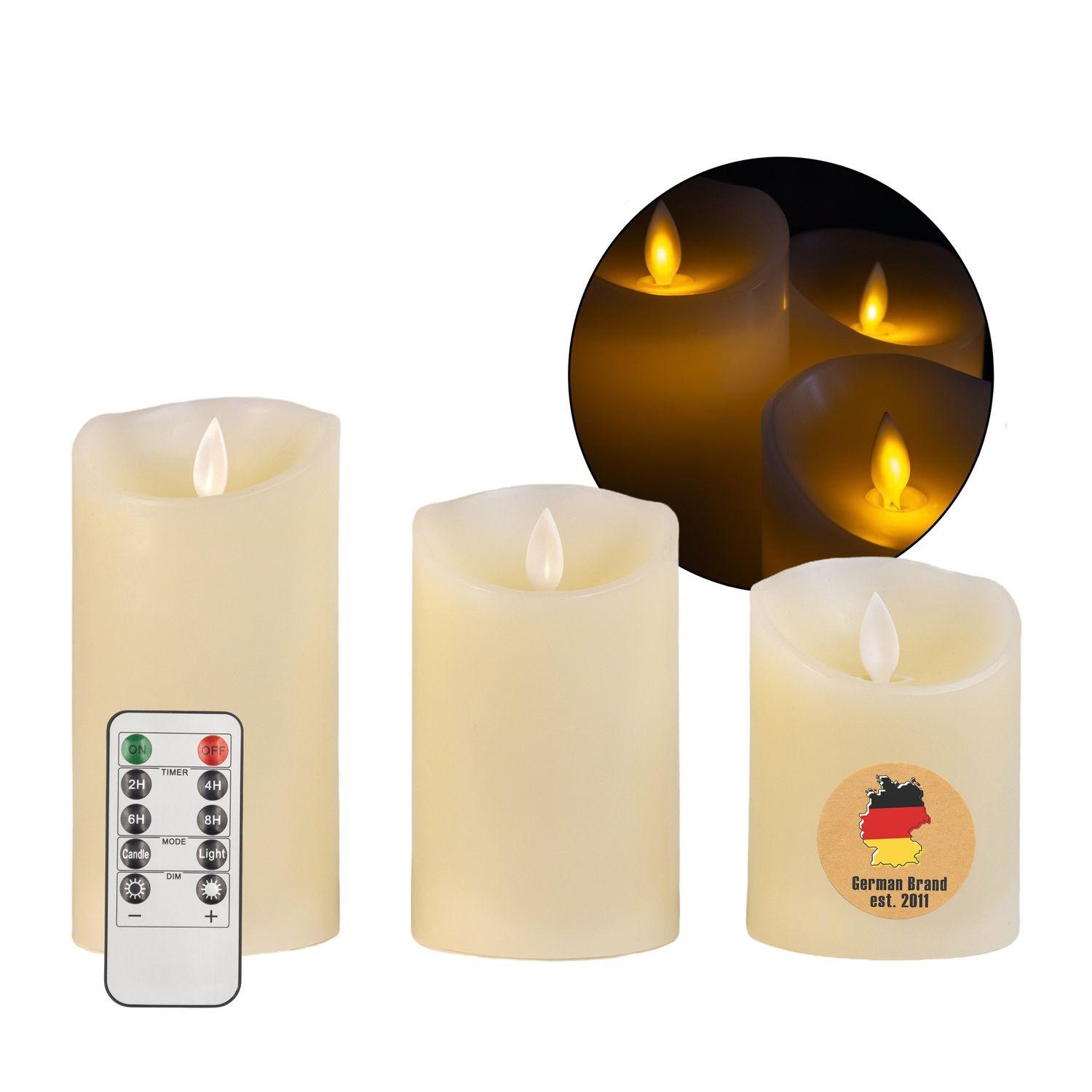 LED KERZEN SET mit Fernbedienung (3-tlg.) - Weiß, Naturmaterialen (8/8/15cm) - Intirilife