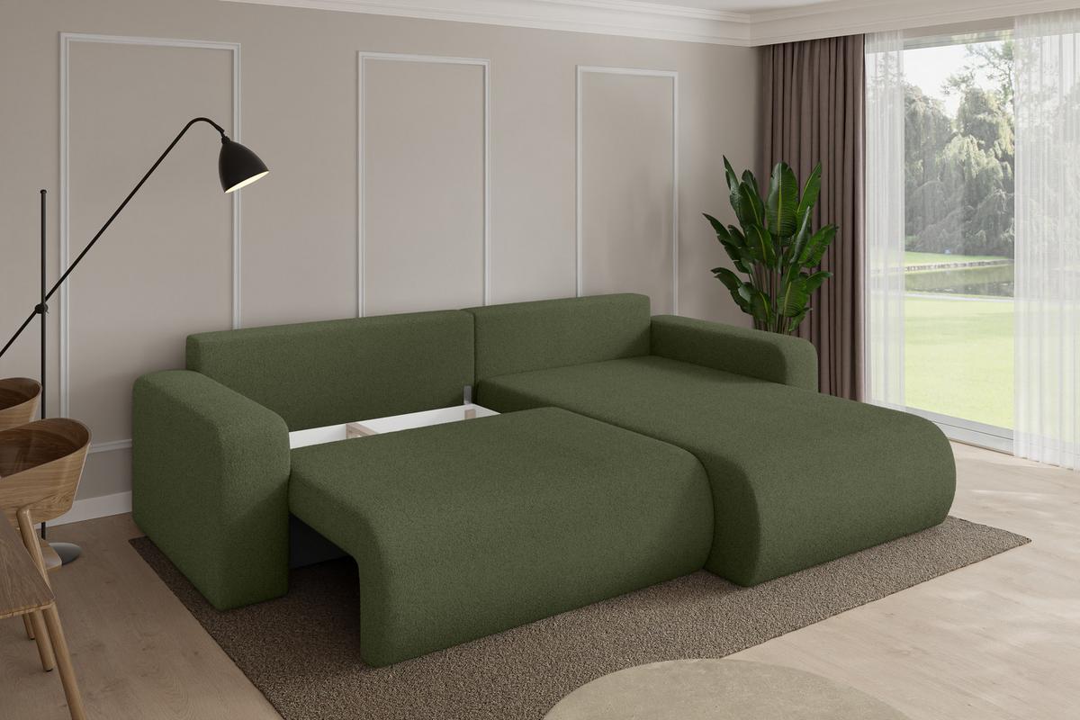 ECKSOFA mit Schlaffunktion Ottomane Rechts BERY-L 276x193x88 Grün Bouclé - Schwarz/Olivgrün, Holzwerkstoff/Kunststoff (276/193cm) - ALTDECOR