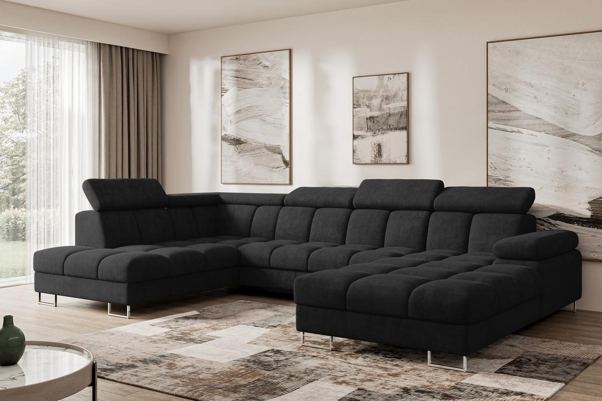 WOHNLANDSCHAFT mit Schlaffunktion und Bettkasten Ottomane Links COMA U 345x203x79 Schwarz Velours - Schwarz, Holzwerkstoff/Textil (345/79/203cm) - ALTDECOR
