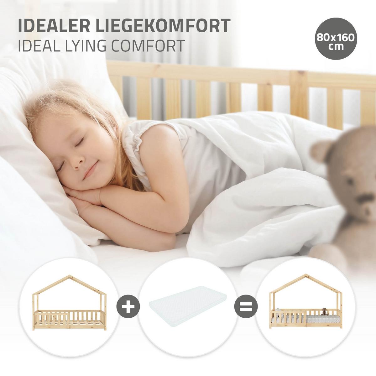 HAUSBETT 80x160 cm Natur aus Kiefernholz mit Rausfallschutz - Beige, Holz (80/160cm) - ML-DESIGN