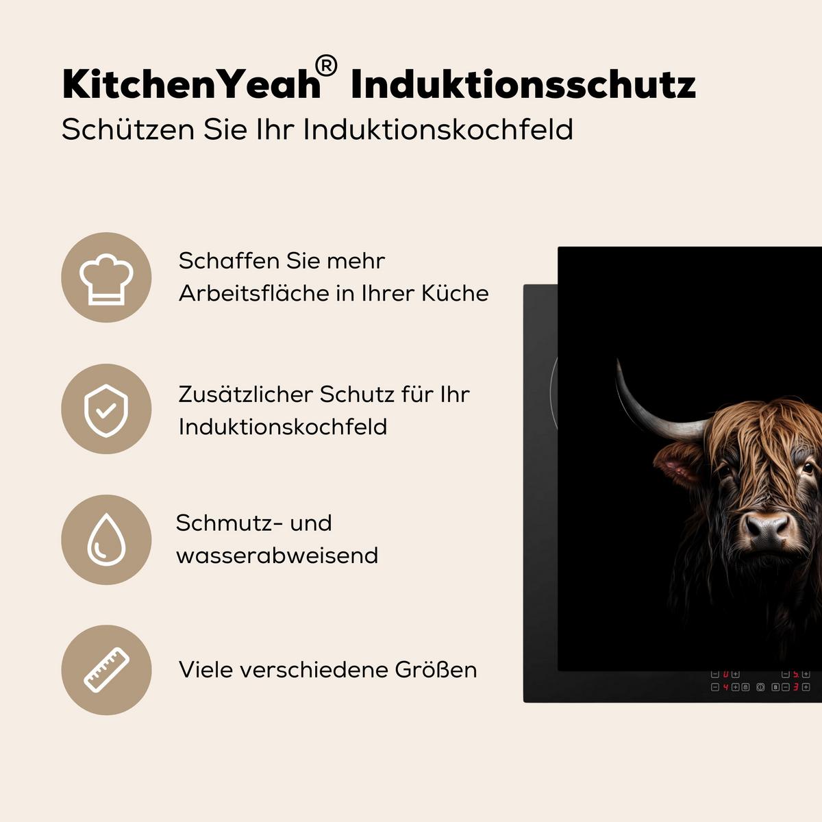 HERDABDECKPLATTE Schottischer Highlander - Porträt - Schwarz - Tier Induktionsmatte 78x78 cm - Braun, Kunststoff (78/78/0.2cm) - MuchoWow