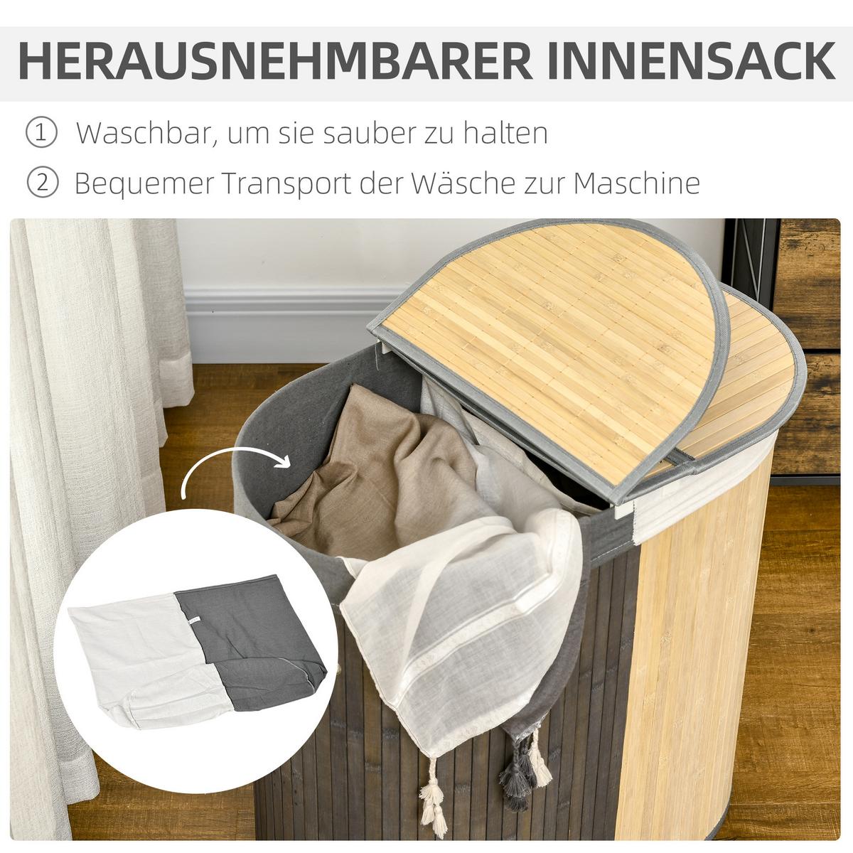 WÄSCHEKORB Bambus Grau Natur - Hellbraun, Naturmaterialien (37/60.5/62.5cm) - HOMCOM