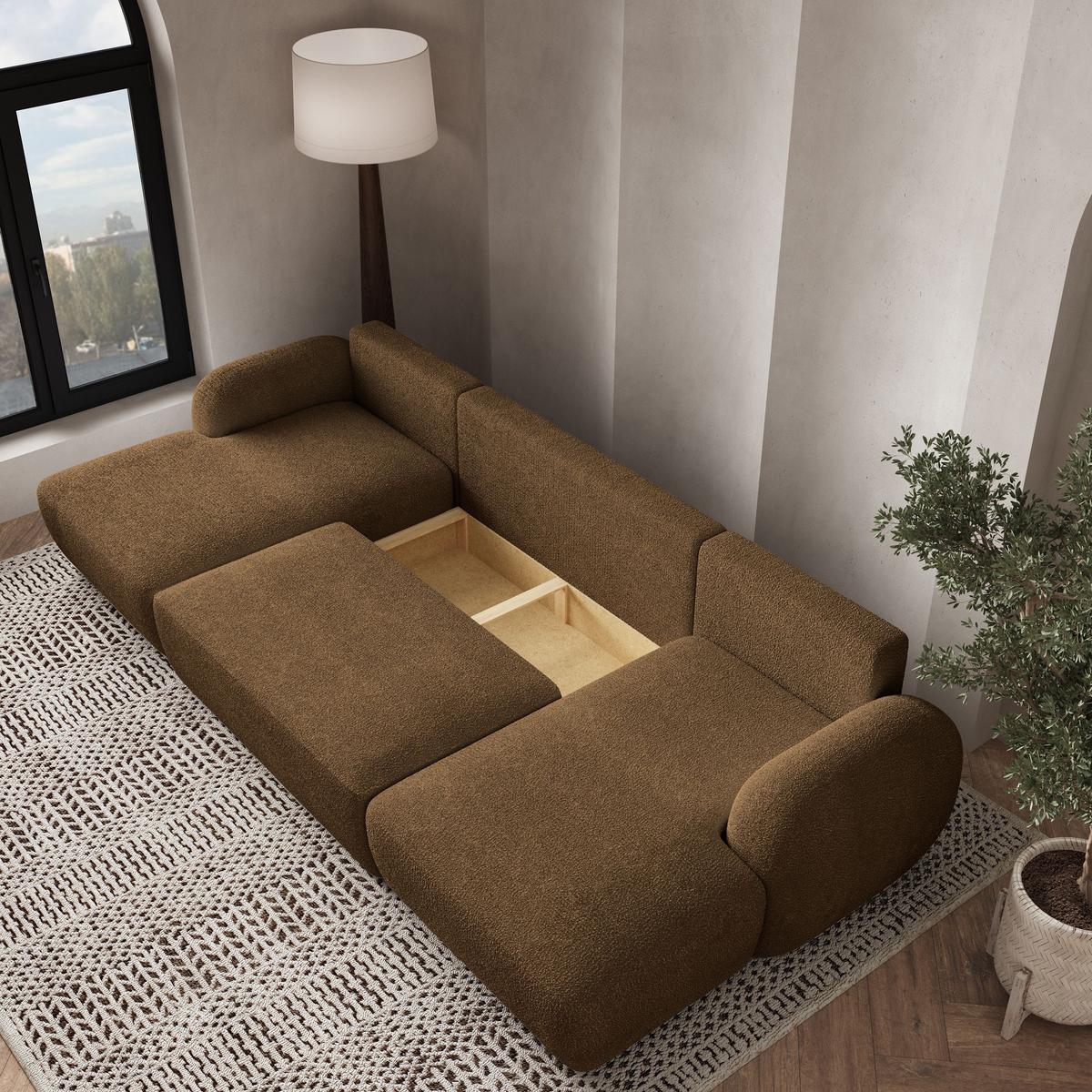WOHNLANDSCHAFT SAVONA N Braun Boucle-Stoff mit Schlaffunktion - Schwarz/Braun, Holz/Kunststoff (320/90/148cm) - MASSENO