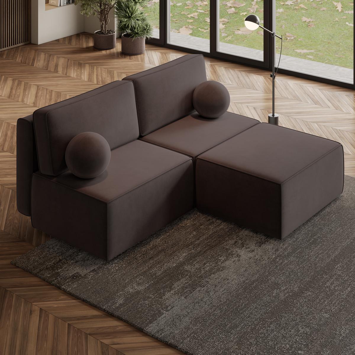ECKSOFA VARNA M Braun Velours-Stoff mit Schlaffunktion - Braun/Grau, Holz/Kunststoff (196/158cm) - MASSENO