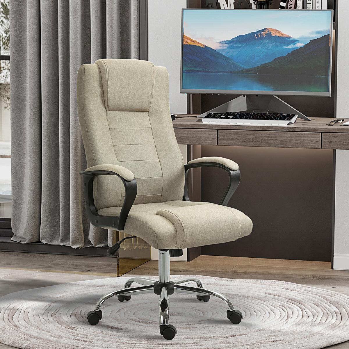 BÜROSTUHL, Ergonomisch Schreibtischstuhl mit Kopfstütze, Leinenoptik Beige - Beige, Kunststoff (62/119/76cm) - Vinsetto