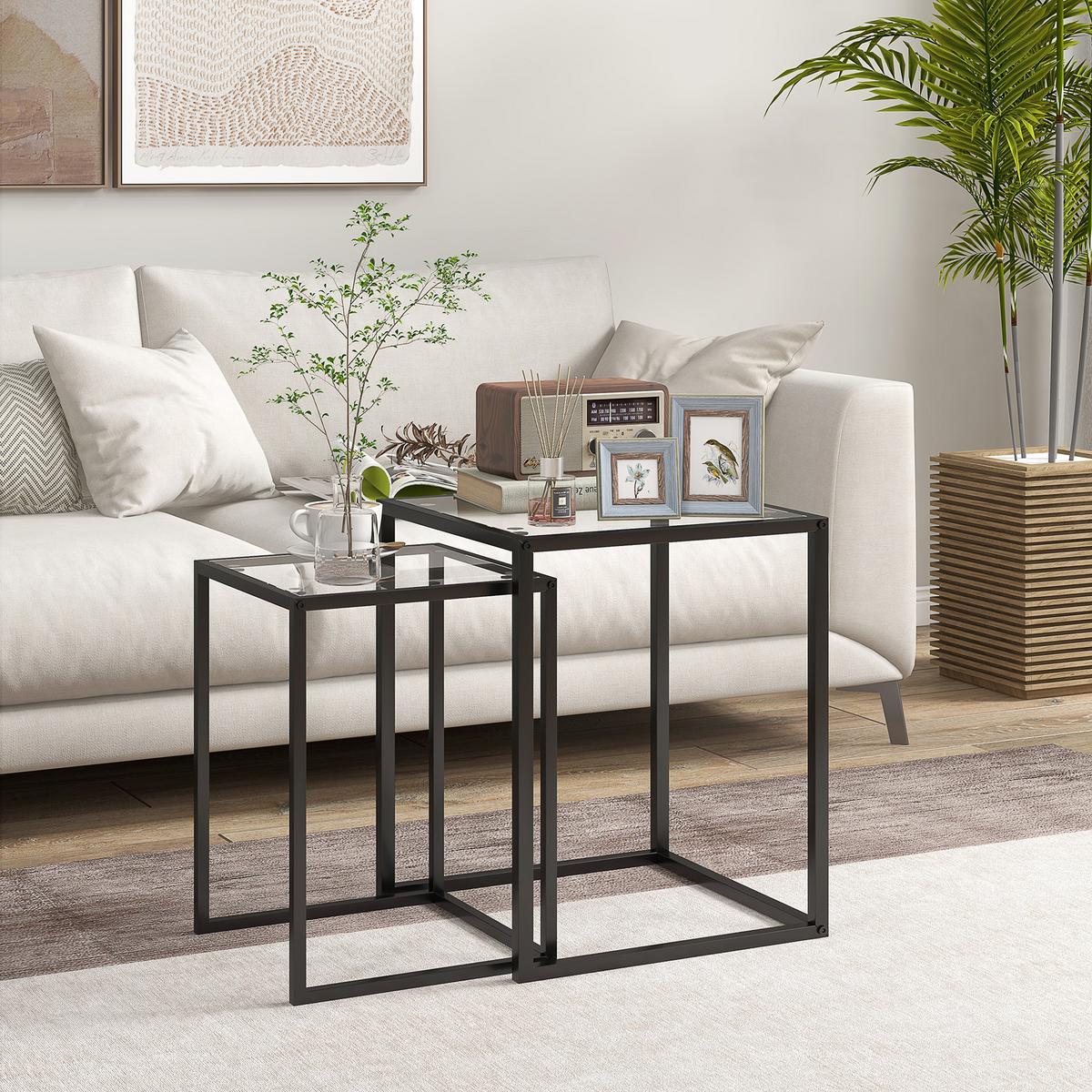 BEISTELLTISCH 2er Set Stahl Hartglas Schwarz - Schwarz, Metall (42/42/51cm) - HOMCOM