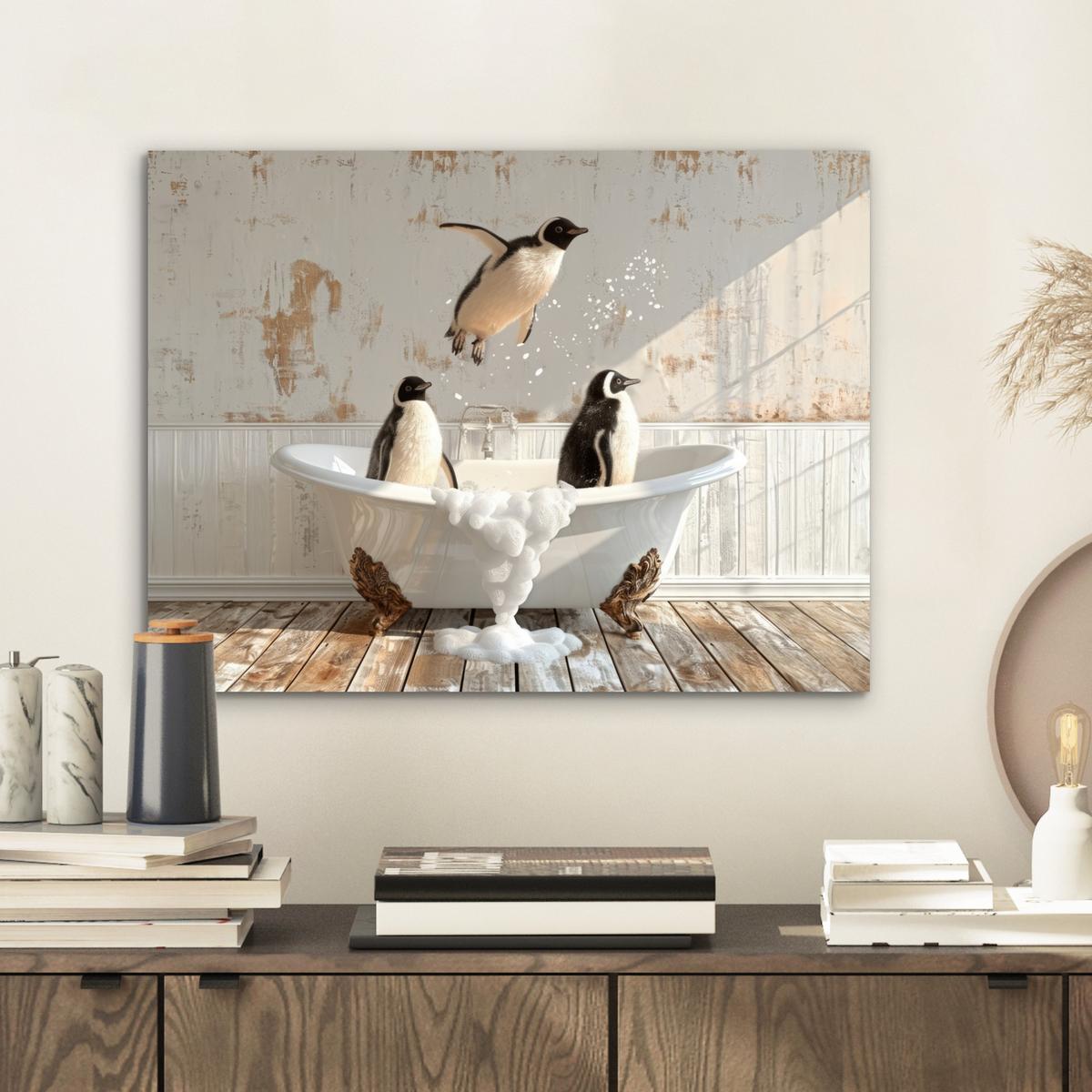 METALLBILD Vintage - Pinguin - Badewanne - Schaumstoff 40x30 cm - Schwarz, Metall (40/30cm) - MuchoWow