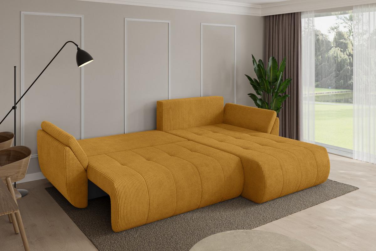 ECKSOFA mit Schlaffunktion Ottomane Rechts TOKO-L 277x194x86 Senfgelb Cord - Dunkelgelb/Schwarz, Holzwerkstoff/Kunststoff (277/194cm) - ALTDECOR