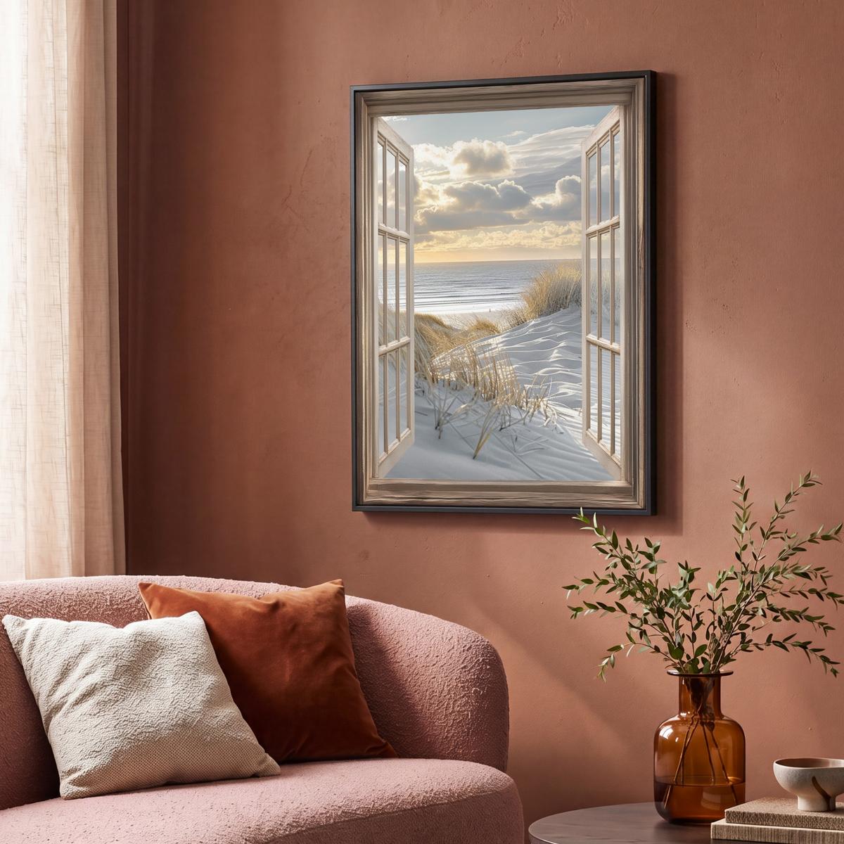 LEINWAND Bilder mit Rahmen - Ausblick - Strand - Dünen - Meer - Natur - 70x100 - Sandfarben, Textil (70/100cm) - MuchoWow