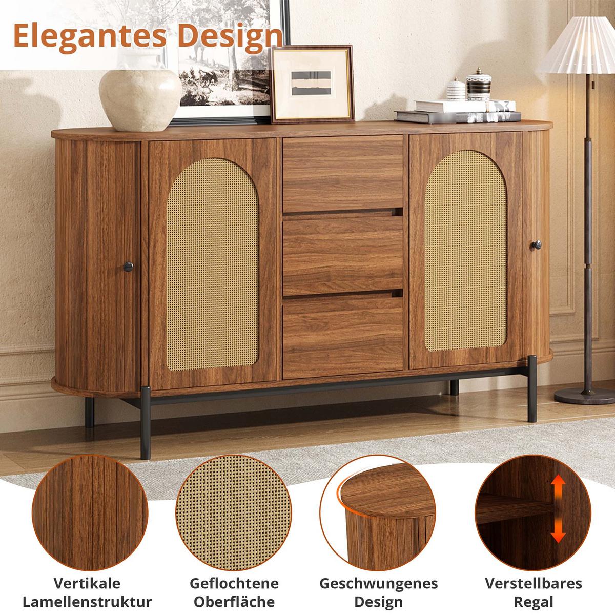 SIDEBOARD in holzoptik mit rattan, ovale form und verstellbaren fächern - Walnussfarben, Holzwerkstoff (140/77.5/38cm) - Urban Meuble