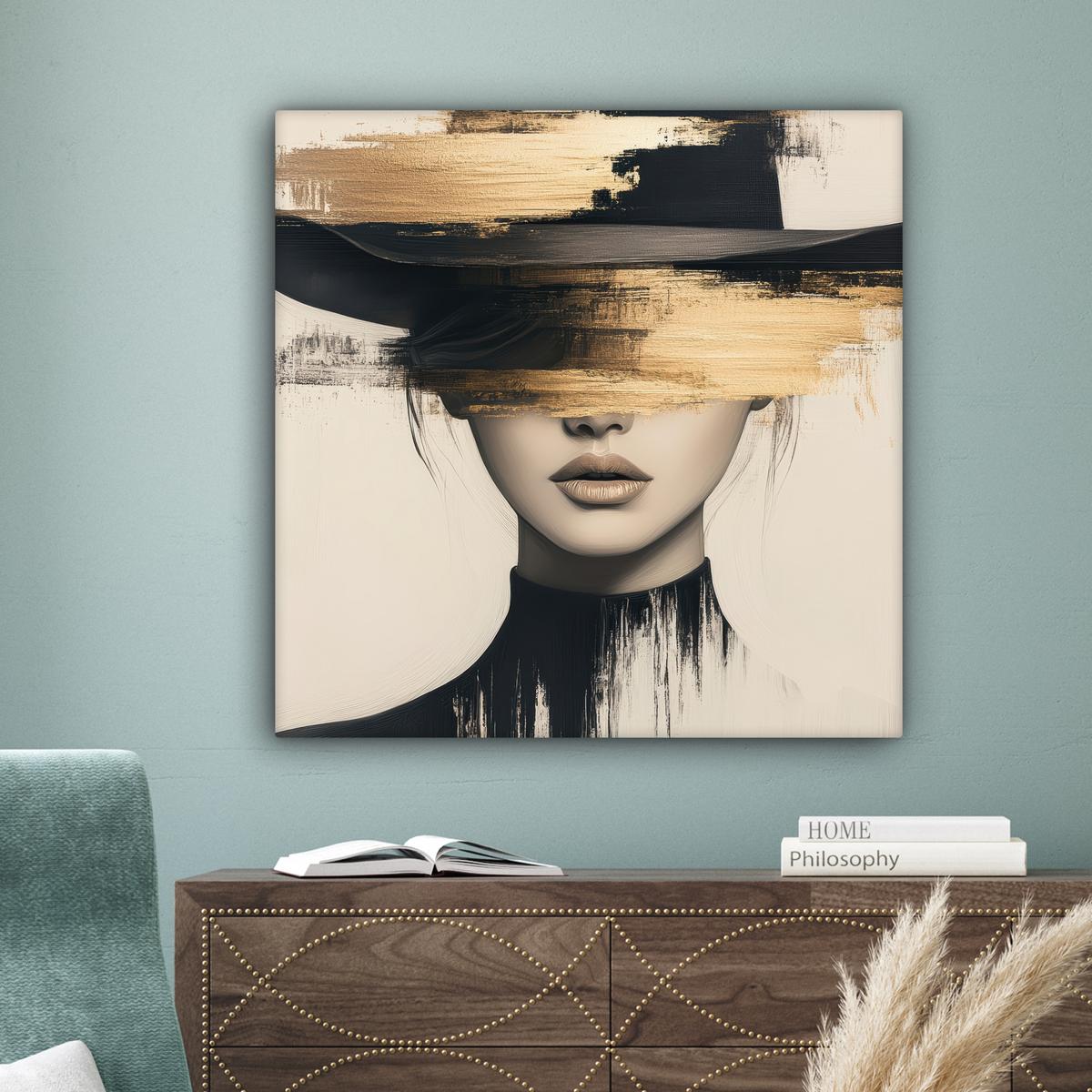 LEINWANDBILD Frau - Hut - Farbe Deko Groß 90x90 cm - Goldfarben, Textil (90/90cm) - MuchoWow
