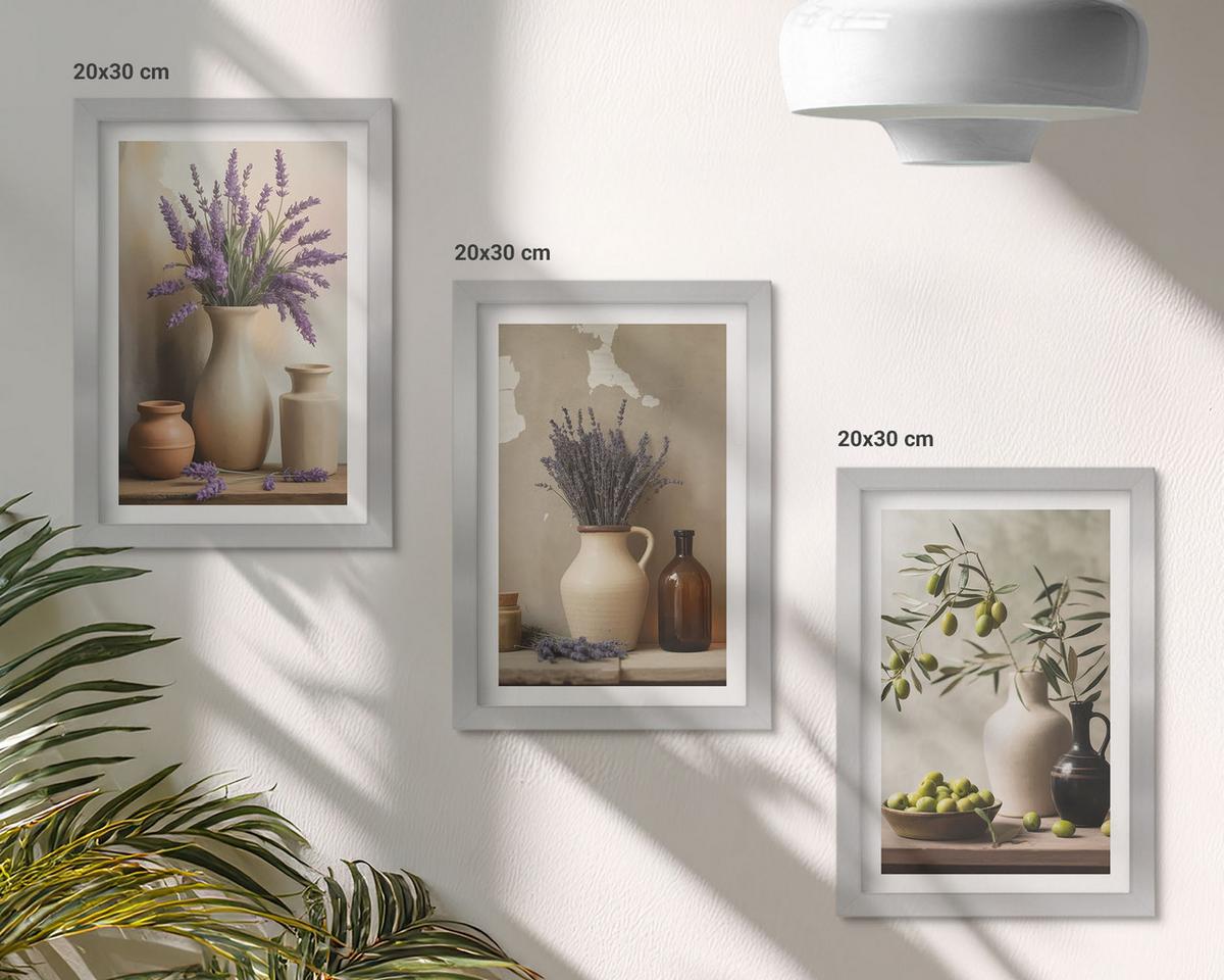 BILDER SET 3er Set - 20x30 cm Silberner Rahmen - Blumen in Vasen, Oliven, Dekorationen - Silberfarben, Kunststoff (20/30cm) - TULUP