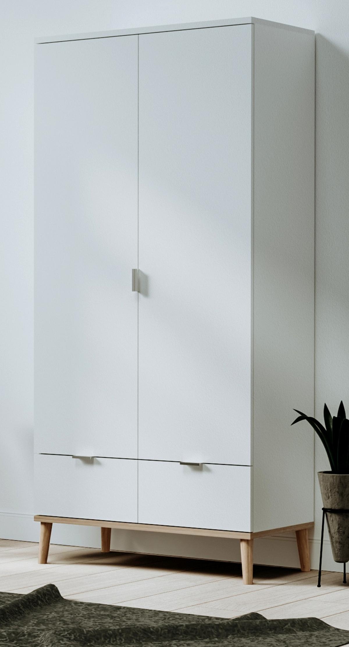 KLEIDERSCHRANK weiß matt, Eiche Sonoma massiv 90 x 180 cm, Drehtürenschrank skandinavisch - Chromfarben/Eichefarben, Holz/Holzwerkstoff (90/180/55cm) - Furn.Design