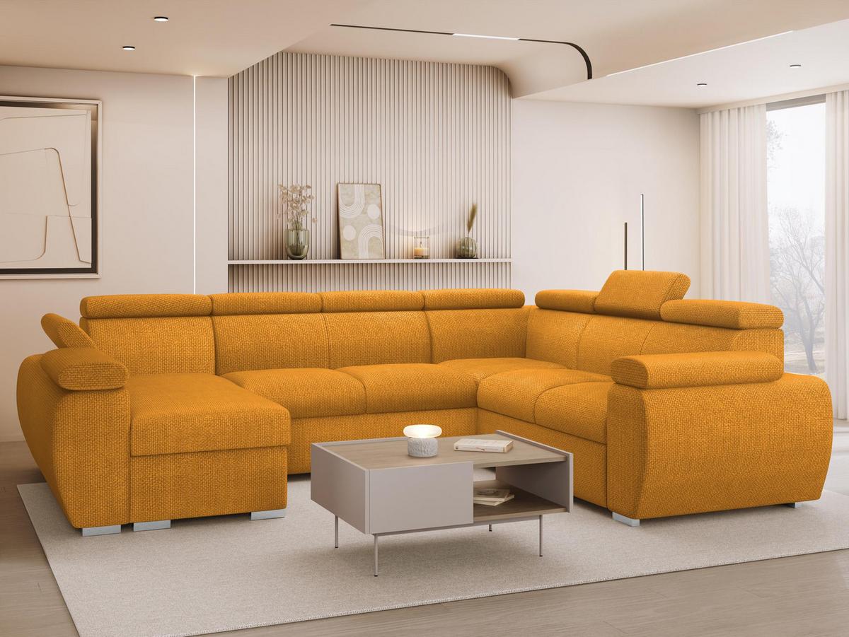 WOHNLANDSCHAFT Boston U, Seite: Links - LC+2P+R+2R - Currygelb/Chromfarben, Holz/Textil (325/98/260cm) - MIRJAN24